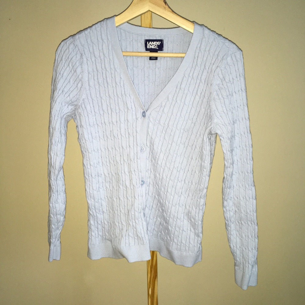 Lands End Womens Cable Knit V Neck Cardigan Sweater Light Blue Cotton M